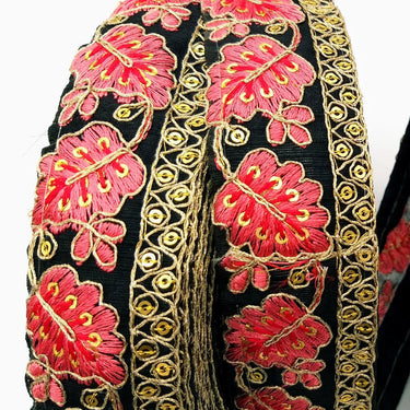 Black Trim with Floral Embroidery Salmon Pink Embroidered Leaves Trim, Decorative Trim, Indian Border